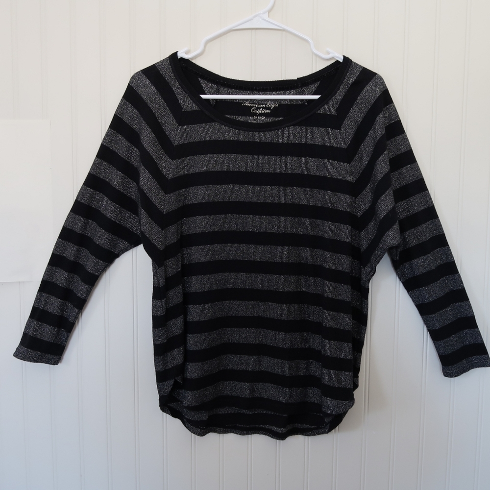 American Eagle Outfitters Women's Pullover Knit Sweater Top Black Silver Stripe